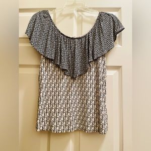 Black/White Geometric Ruffled Shoulder Tank Top - XS